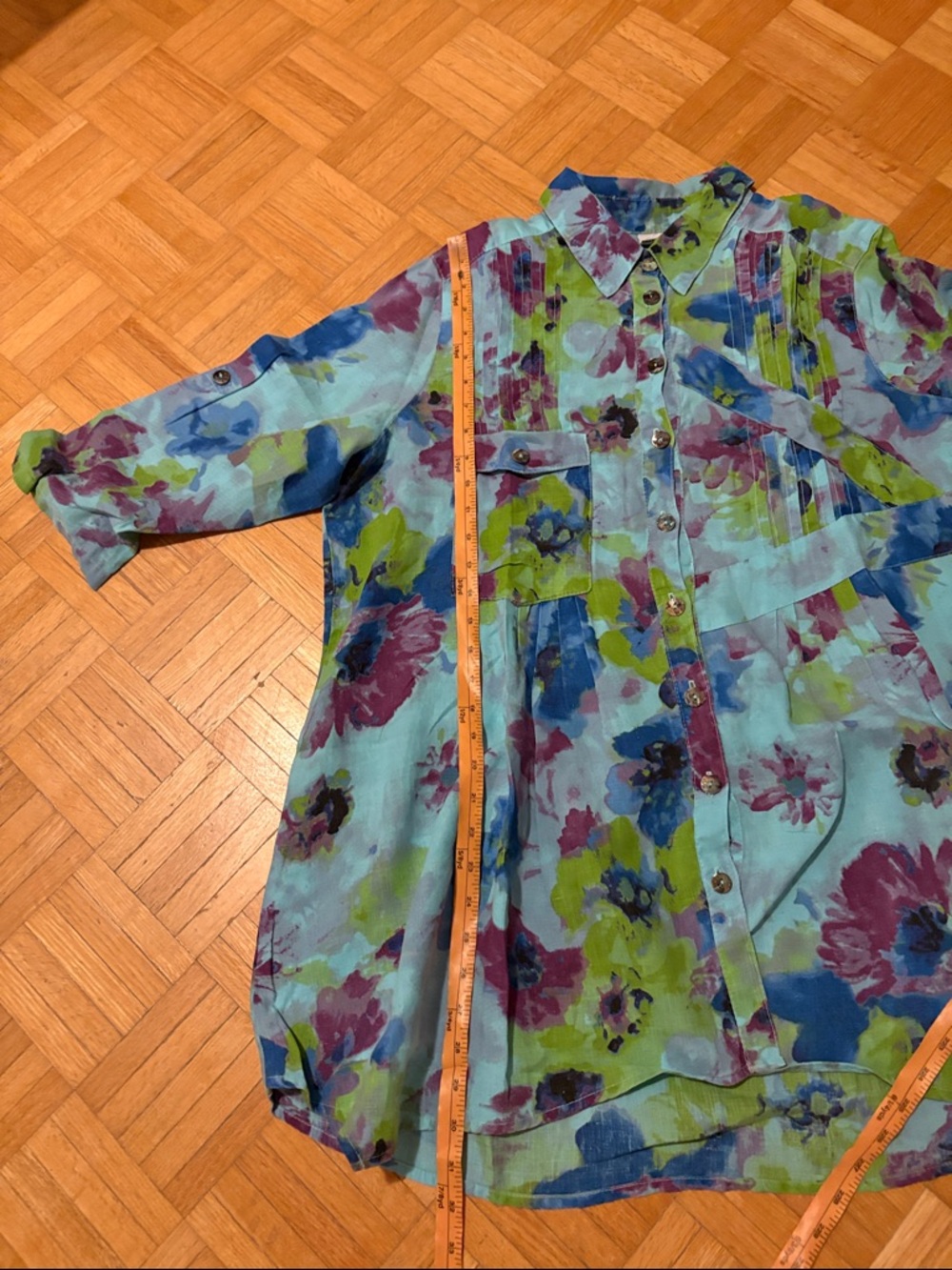 Click Floral Button-Up Sheer Blouse in Aqua, Blue, Green & Magenta - Picture 3 of 10